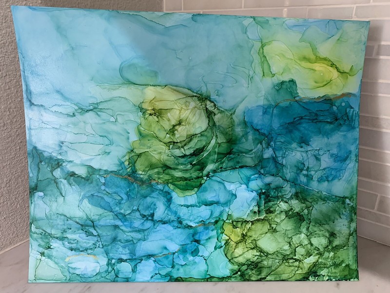 Original Abstract Painting 11×14. Alcohol Inks In Blues And Greens. Ocean Theme