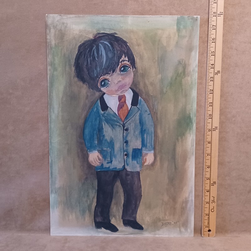 Big Eyes Watercolor Ink Illustration Original Art Boy In Suit Signed Doreen 1965