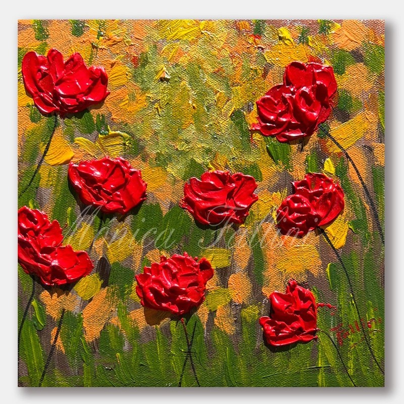 Red Poppies painting 8″ x 8″ palette knife contemporary art by Fallini