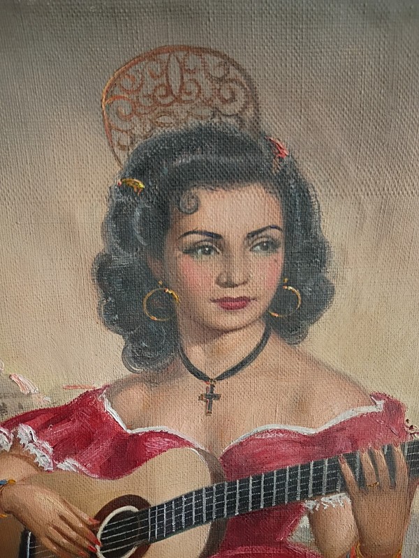 Vtg CORTES MATAS Flamenco Guitarist Original Oil On Canvas Seville Spain 1930-50 gallery