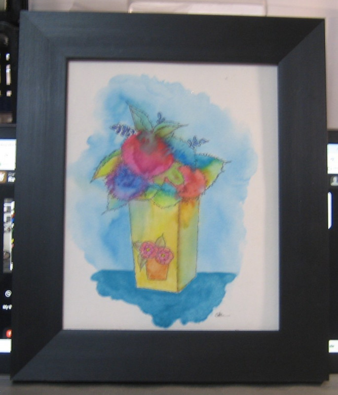 VINTAGE WATERCOLOR PAINTING FLOWERS IN VASE BY CATE 13 X 11″ FRAMED