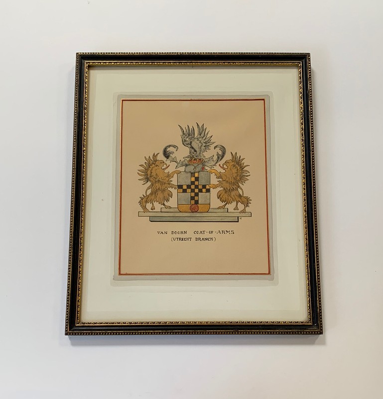 Original Watercolor Painting Family Crest Coat of Arms Van Doorn Antique Vtg