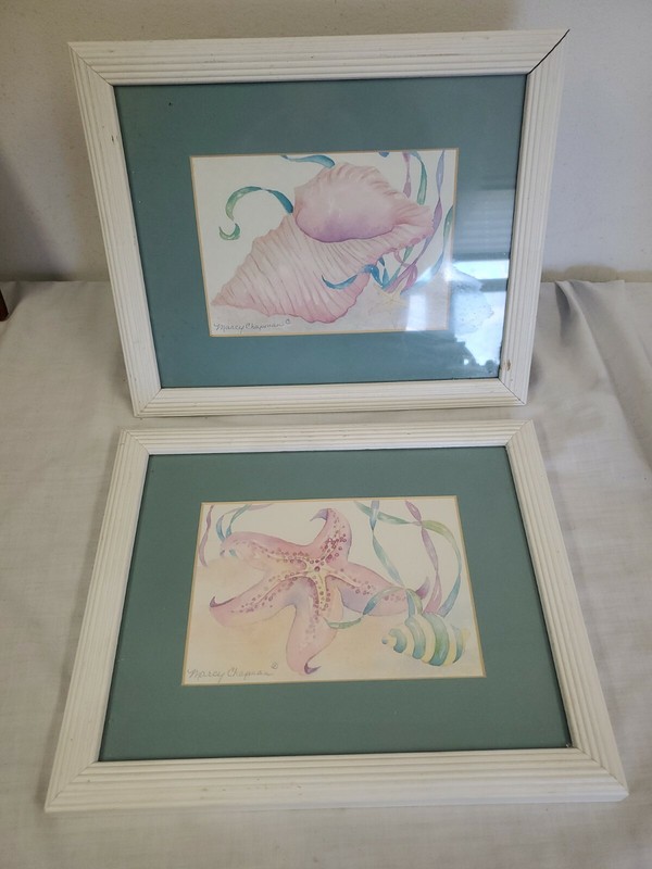 MARCY CHAPMAN SEALIFE FRAMED ART MATTED WATERCOLOR STAR FISH – CONCH SHELL