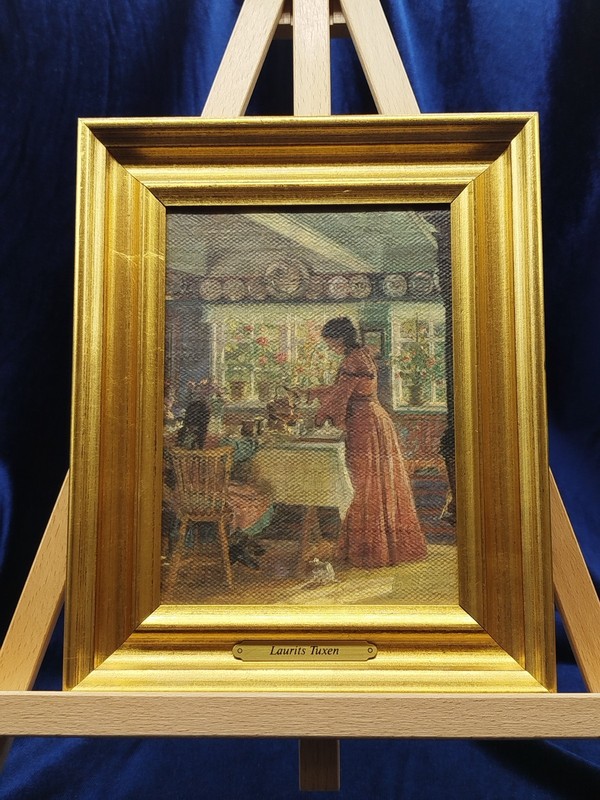 Vintage Laurits Tuxen Painting Morning Coffee Being Poured Reproduction 20x25cm