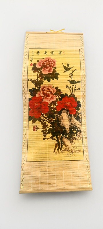 Vintage 1950s Painting On Bamboo Red Peony Flower Bird Longevity & Wealth