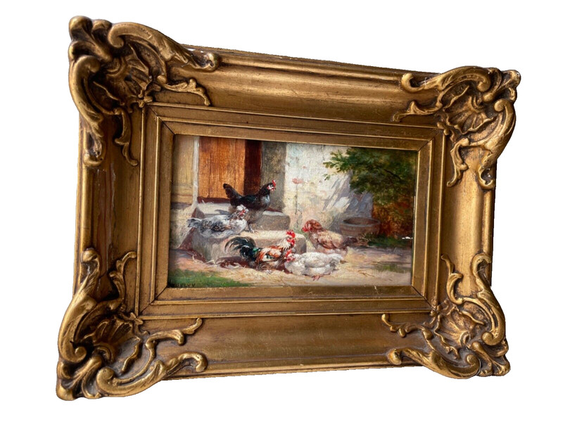 Early 20th Farm scene Chickens Roosters Farmhouse Fowl - Antique Oil Painting gallery