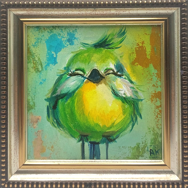 Original oil painting Happy bird Miniature Naive art Framed Cheap gifts 4*4 inch