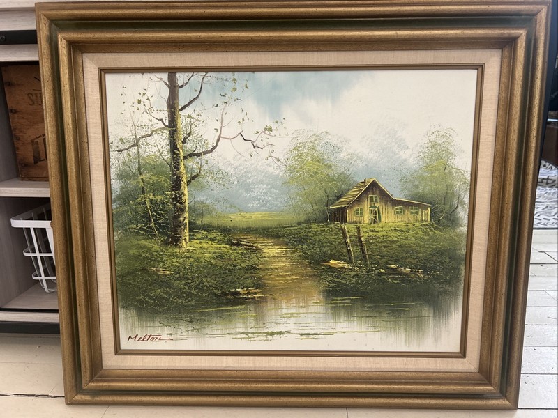 Original Oil Painting Cabin in the Woods Signed Melton Spring/Summer Framed