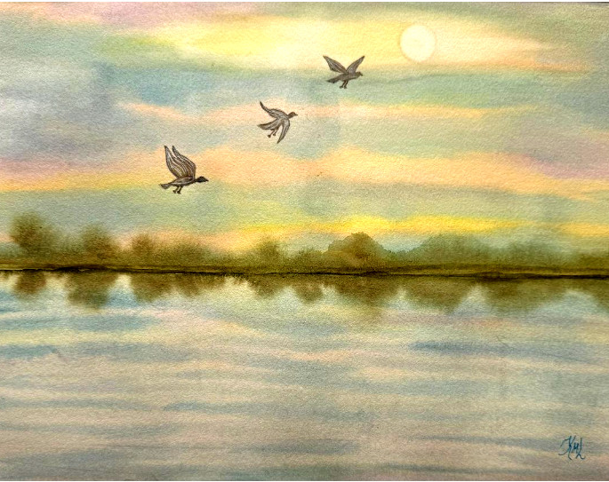 PAINTING WATERCOLOR ART SUNRISE LAKE MARSH LANDSCAPE BLUE 11X14 and MAT 16X20
