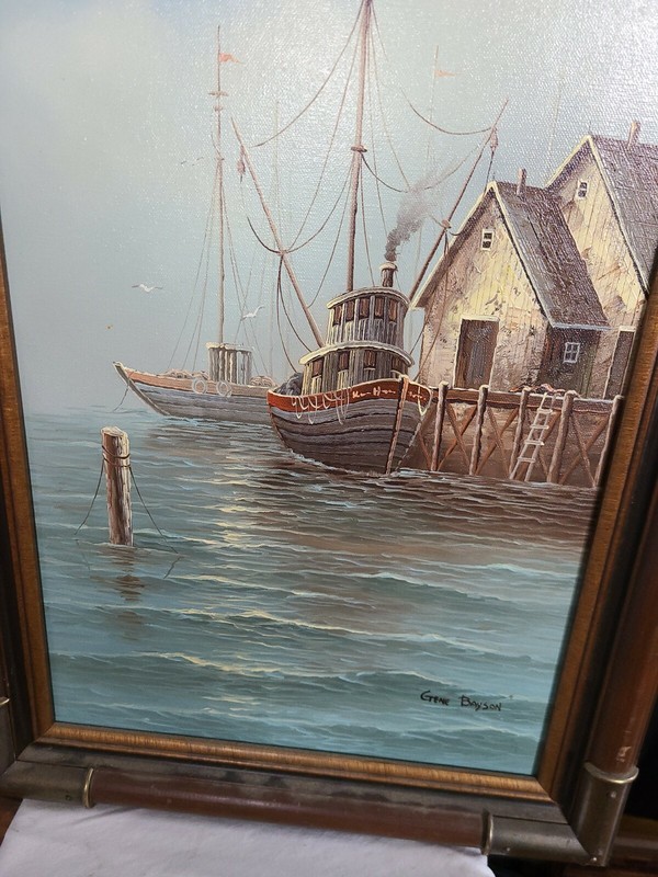 ORIGINAL SIGNED OIL PAINTING SEASCAPE BY GENE BAYSON CANVAS 1980's 15x27 gallery