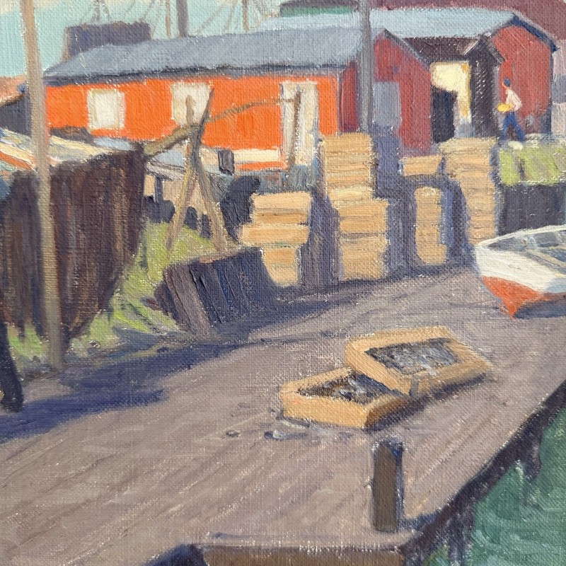 Danish Impressionist Oil Canvas Painting Dock Harbor Scene Boats Signed 1957 MCM gallery