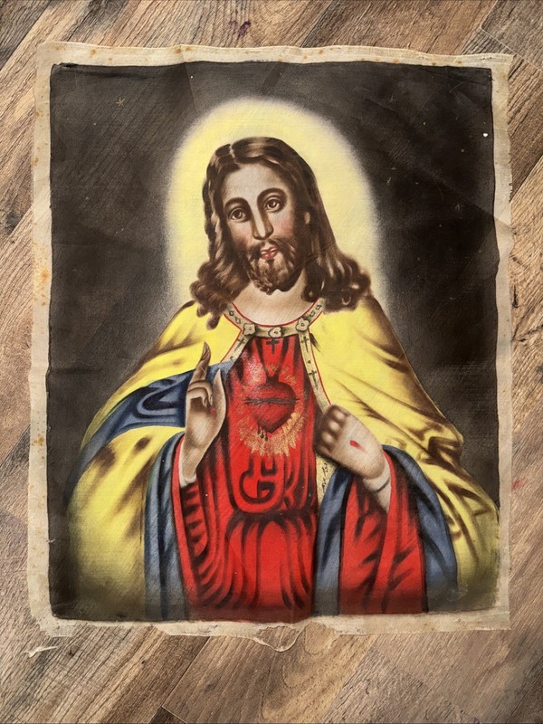 Vintage Sacred Heart Of Jesus Religious Catholic Icon Handpainted On Silk
