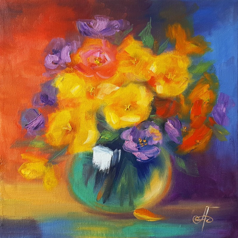 Colorful Floral Bouquet Original Oil Painting Impressionist Still Life Wall Art