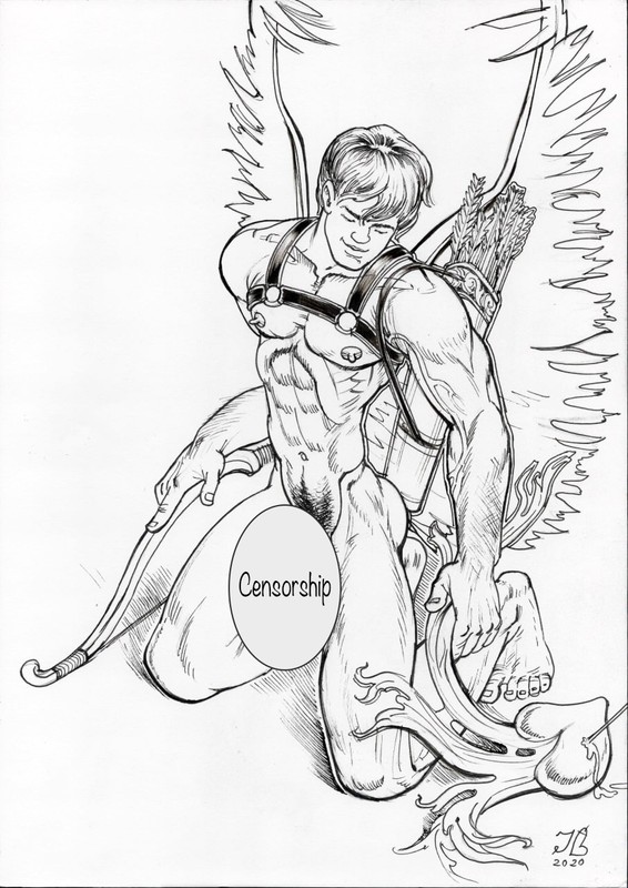 Gay Art original painting "Cupid and the heart " (parody, humor)16,5 * 11,6 in. gallery