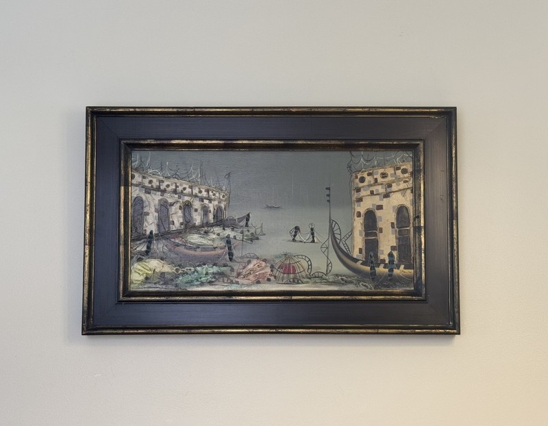 Vintage J. Raito Oil – Venice Canal Harbor Scene – Orig Frame – Collectible Gift