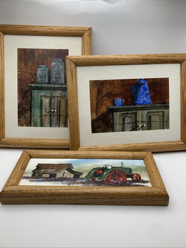 Charles Sizemore Painting Lot Of 3 Signed Ball Jars Teapot Tractor Barn Mini Art