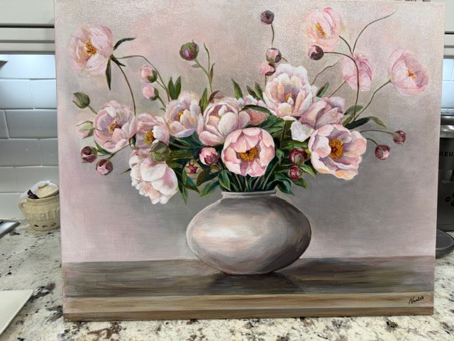Blush Peonies Original Acrylic Painting on Canvas 20″ x 24″ Semi Gloss Varnish