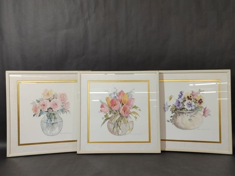 Vintage Rosalind Oesterle Watercolor Floral Framed Art 3pc Set Pre-Owned Decor