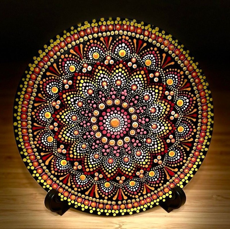Inspiring Mandala Dot Painting on Round Wooden Board 8×8 (home decor)