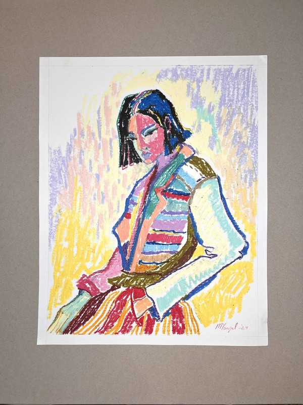 Abstract Original painting oil pastel Women Portrait urban Handmade 15x12”