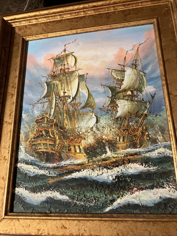 Framed Vintage Original Oil Painting Sailing Ships J. Harvey, Signed Beautiful