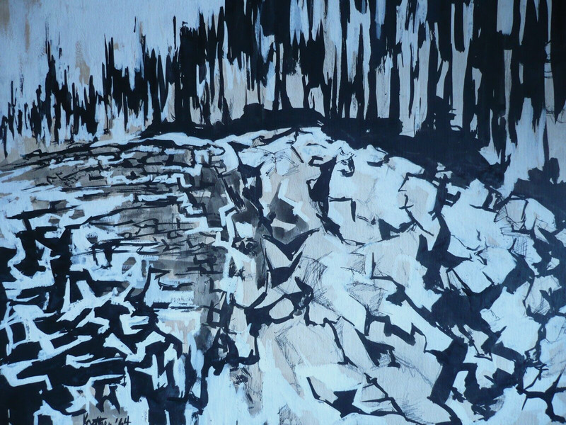 A. KRATHAN, 1964 60s ABSTRACTION MODERN MODERNISM OIL MIXED MEDIA LANDSCAPE gallery