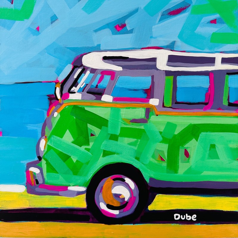 DUBE Painting Modern Abstract Beach Bus Ocean Sky 12″ x 12″ Cradled Wood Panel