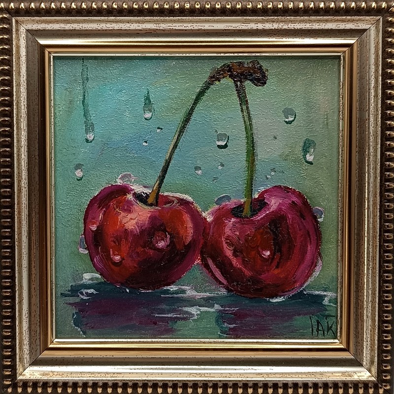 Oil Painting Miniature Cherries Fruit Art Small Framed Green Wall 4×4