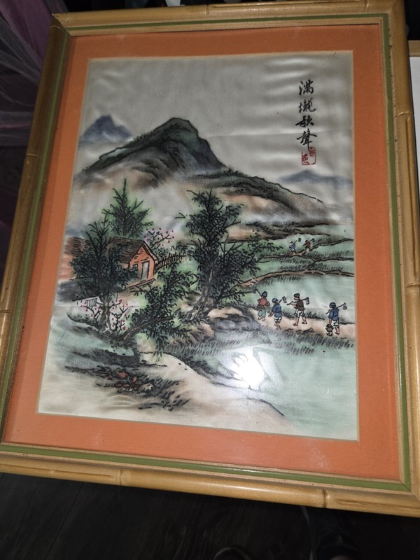 Chinese Scroll Silk Painting Set Of 2 With Babmoo Frame Red Seal Mark By Artist