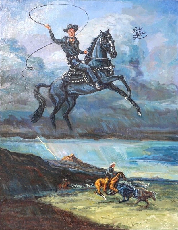 ORIGINAL VINTAGE PAINTING LASH LARUE BULLWHIP MAN IN BLACK WESTERN COWBOY ART