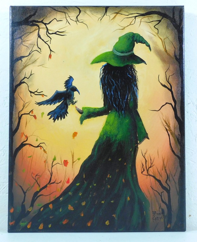 Witch Wiccan Painting Halloween Fall Autumn Original Art by Rain Crow