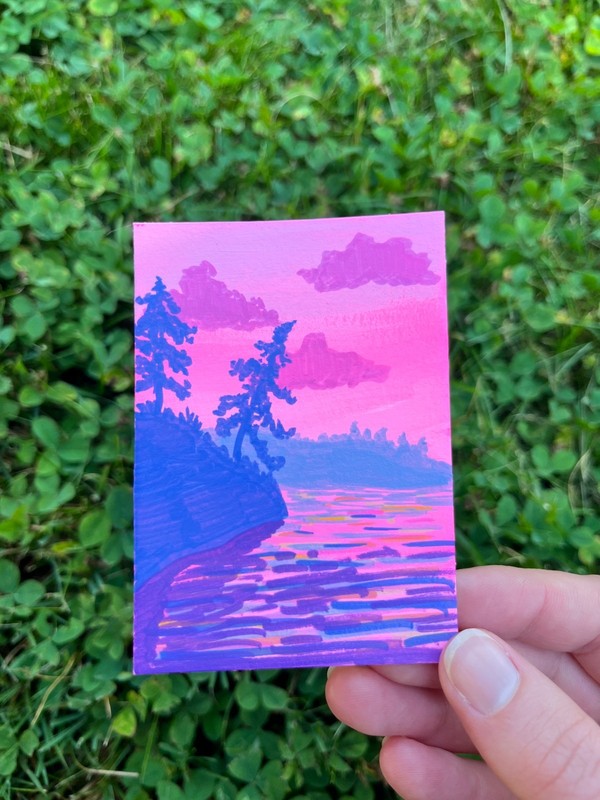 aceo original painting sunrise muskoka lakeside landscape «inlet #2» art card