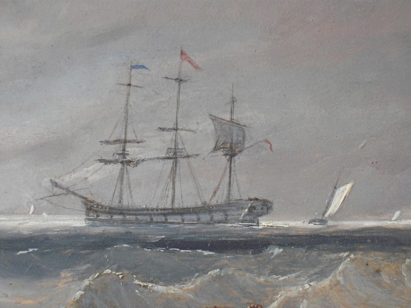 TENDER TO A T-CLASS SHIP HEAVY SEAS OI L PAINTING JAMES WILSON CARMICHAEL c1830s gallery