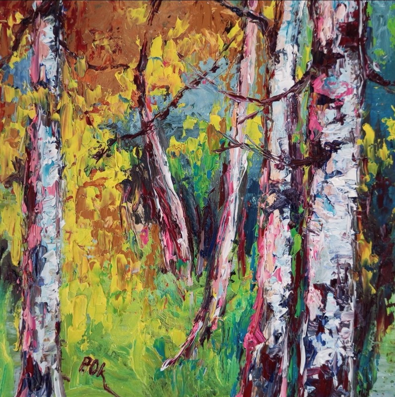 Original Impressionism Oil Painting Impasto Landscape art Sun Forest Trees 8×8