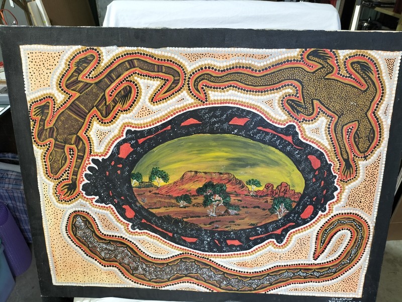 First Nation Aboriginal Art O.L. Khan 2005 Goannas Snake Landscape 100cm x 77cm gallery