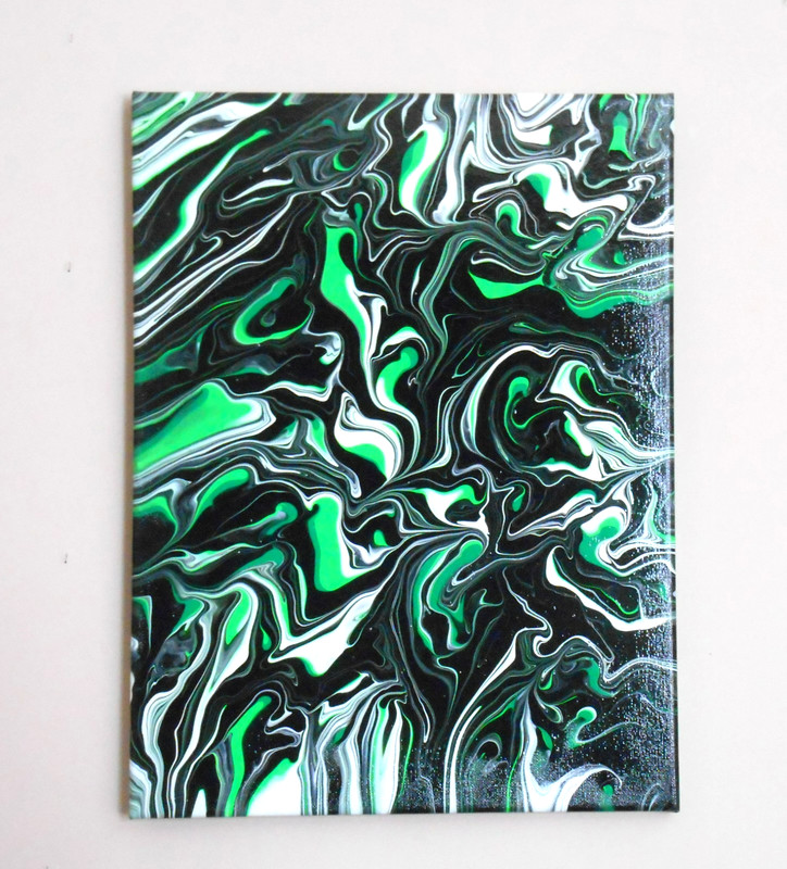 Acrylic Pour Abstract Fluid Art Painting on 12×16 inch Canvas Black Green White