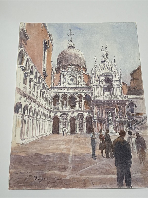 VENICE COURTYARD PAINTING ITALY ARCHITECTURE FAMOUS MAURICE SILBER LISTED 24" gallery