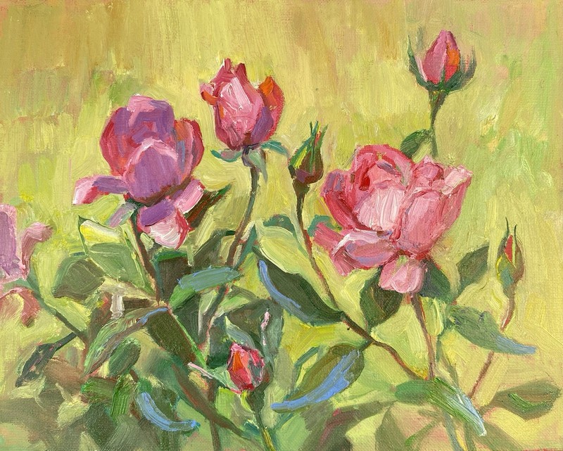 Oil Painting Roses In Garden 30-24cm Oil Canvas On Cardboard. unique