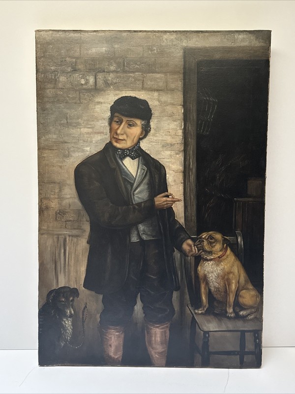 ANTIQUE PORTRAIT PAINTING DOG DOGS MAN MEN 19TH CENTURY CHARMING 1880’S MYSTERY