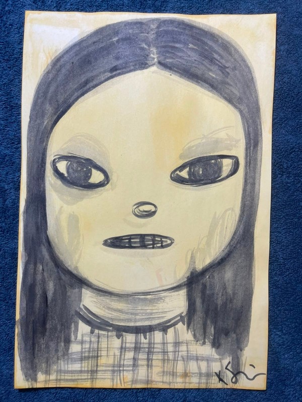 YOSHITOMO NARA drawing and painting on old paper signed stamped vintage