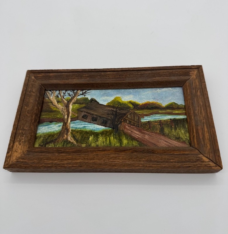 Vintage Original Oil Painting Covered Bridge Iowa Landscape Approx 9×5