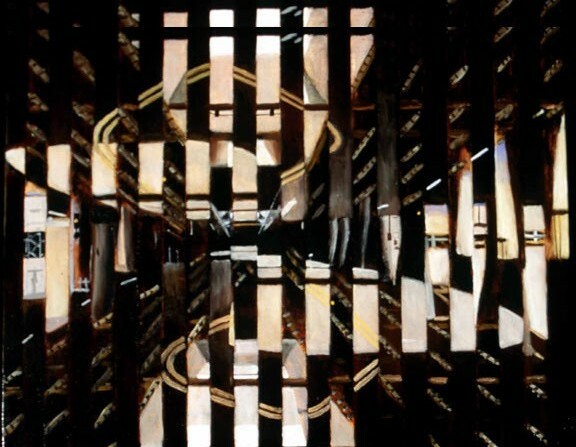 Vertical strips oil on canvas from sliced photo -180 degrees rotation surprise.
