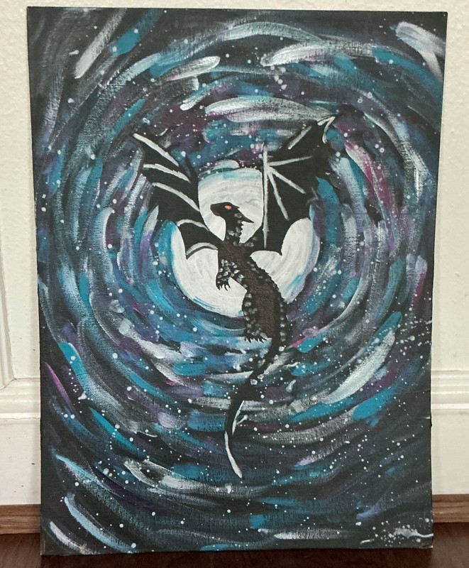 Original Dragon Fantasy Acrylic Painting on Canvas, Moon Night Sky, Small Art
