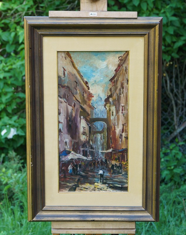 Vibrant Italian Street Market Scene With People And Architecture – Oil Painting
