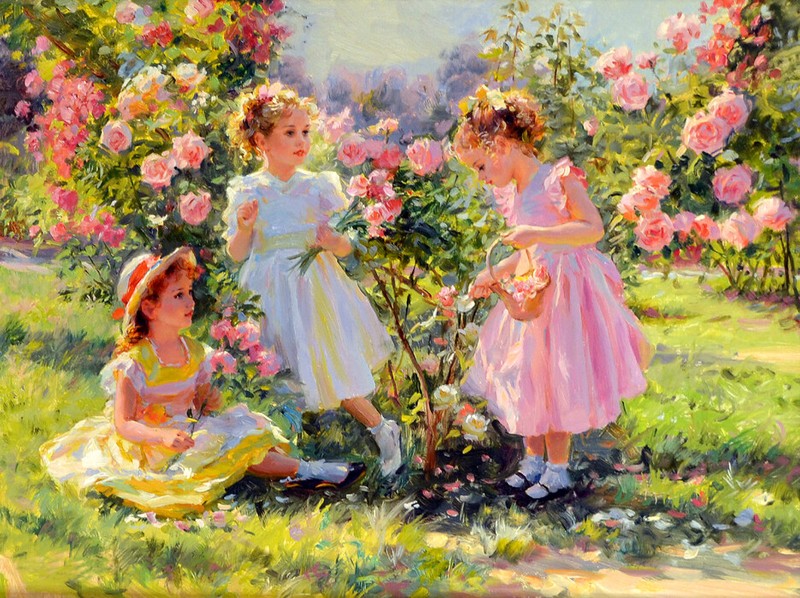 Three little girls picking roses Oil Painting HD Giclee Printed on canvas L3023