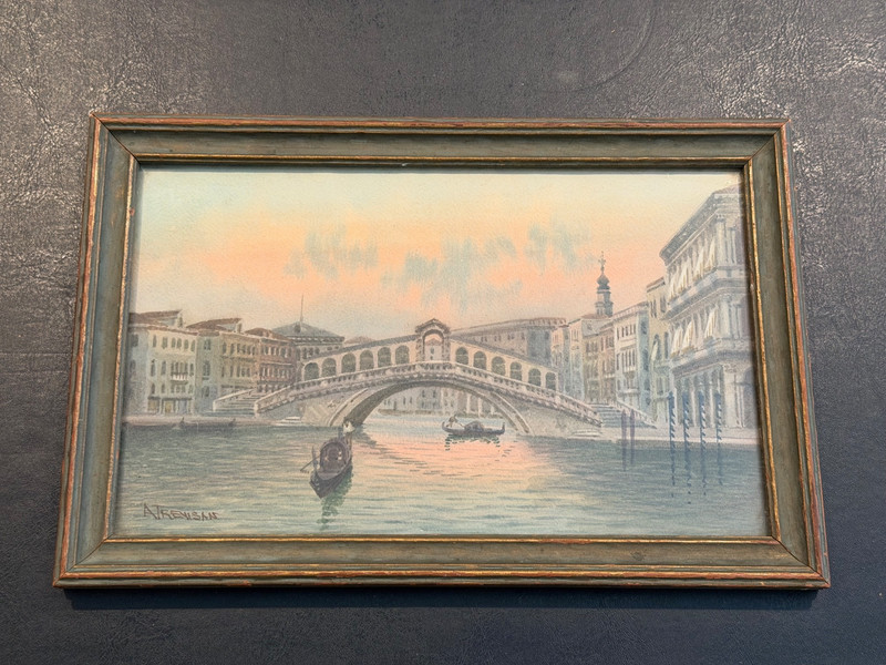 Vintage Alberto Trevisan Italian Watercolor Painting Venetian Canal Scene