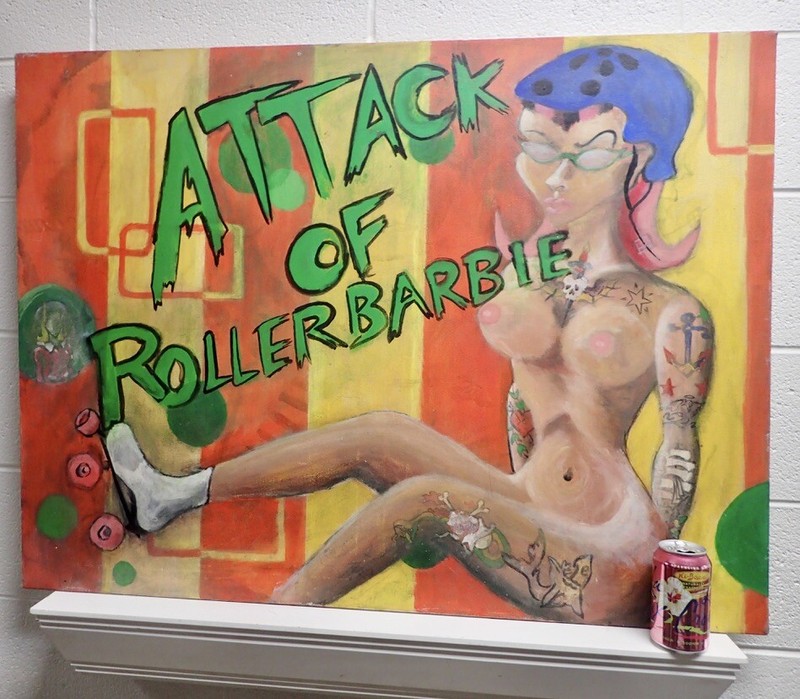 Original Outsider Art Pop Art Painting «ATTACK OF ROLLERBARBIE» signed on back