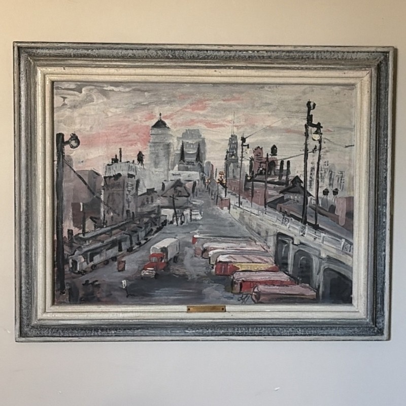 Dorothy Driskell Modern Cityscape Casein Painting Signed Framed Board 17×23.5in