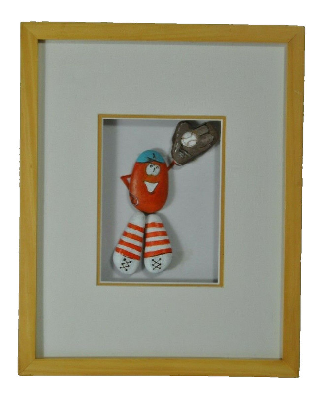 Original STONE ART Baseball Player Framed, Matted OOAK Hand Painted by Leean