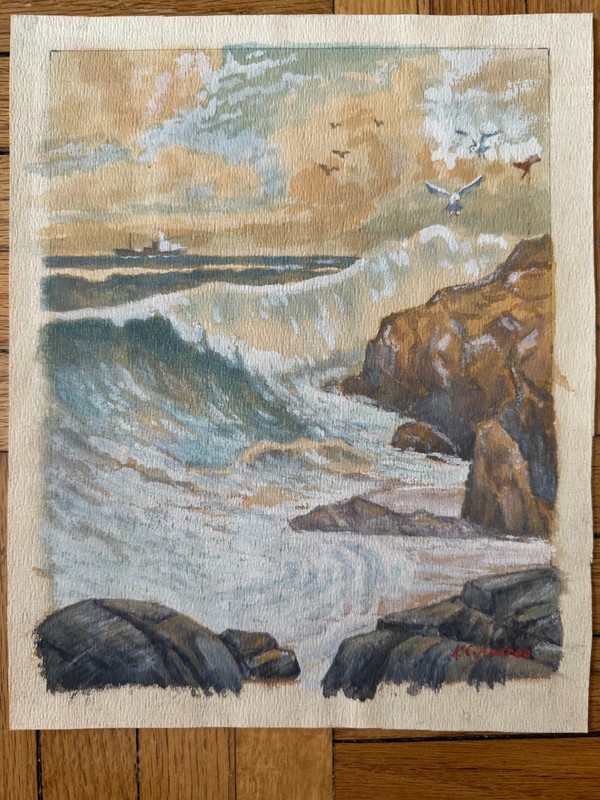 Vintage Mid 20th Century Acrylic Painting Ocean Waves Sea Seascape 8.5 x 10.5